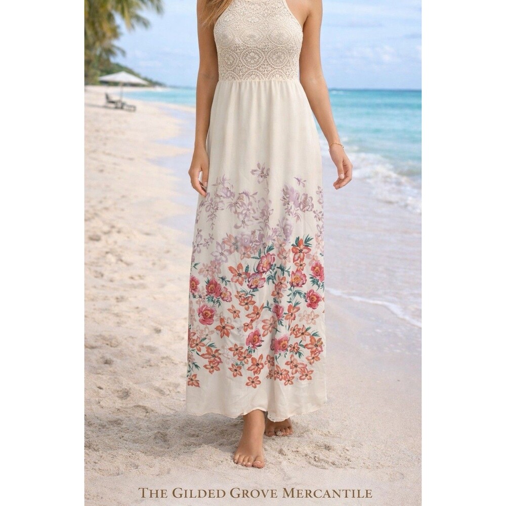 Olive Tree Cream Crochet Lace Floral Halter Maxi Dress Boho USA Womens Small